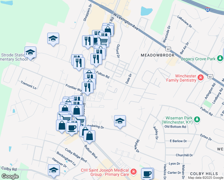 map of restaurants, bars, coffee shops, grocery stores, and more near 720 Westwood Drive in Winchester