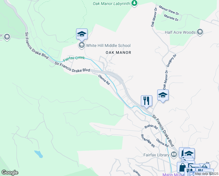 map of restaurants, bars, coffee shops, grocery stores, and more near 337 Olema Road in Fairfax