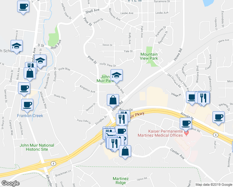 map of restaurants, bars, coffee shops, grocery stores, and more near 242 Via El Dorado Lane in Martinez