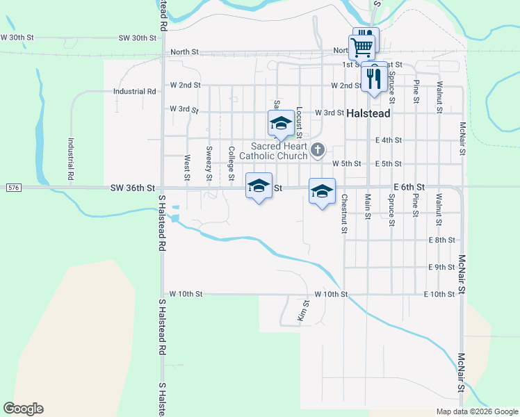 map of restaurants, bars, coffee shops, grocery stores, and more near 521 West 6th Street in Halstead