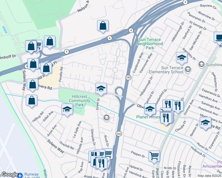 map of restaurants, bars, coffee shops, grocery stores, and more near 2145 Northwood Circle in Concord
