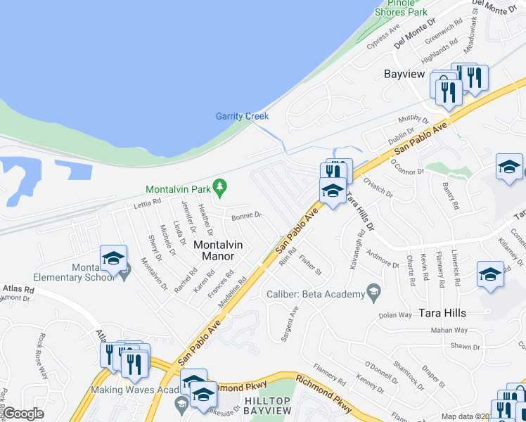 map of restaurants, bars, coffee shops, grocery stores, and more near 101 Bonnie Drive in San Pablo