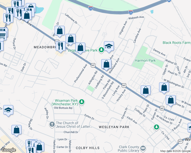 map of restaurants, bars, coffee shops, grocery stores, and more near 110 Nelson Avenue in Winchester