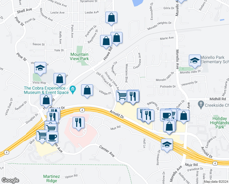 map of restaurants, bars, coffee shops, grocery stores, and more near Old Orchard Road & Village Place in Martinez