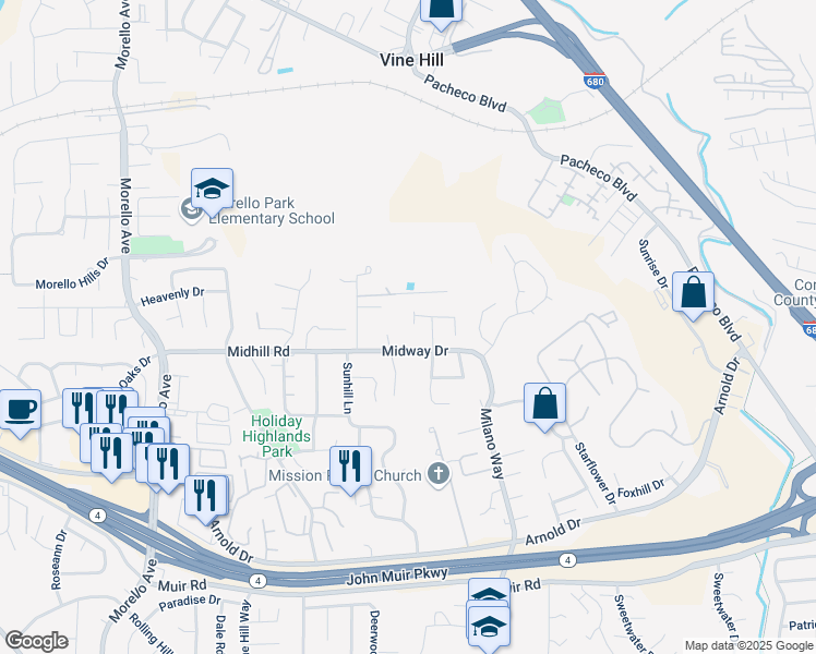 map of restaurants, bars, coffee shops, grocery stores, and more near 248 Midway Drive in Martinez