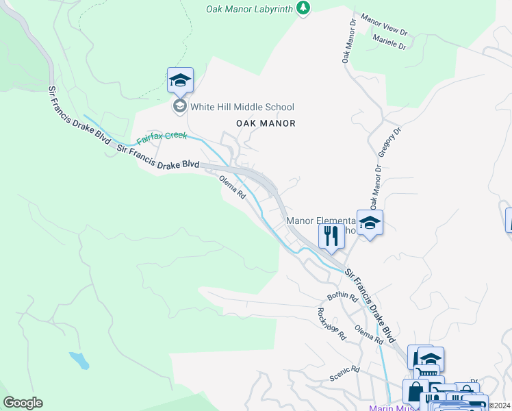 map of restaurants, bars, coffee shops, grocery stores, and more near 338 Olema Road in Fairfax