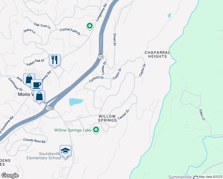 map of restaurants, bars, coffee shops, grocery stores, and more near 20781 Caylor Drive in Soulsbyville
