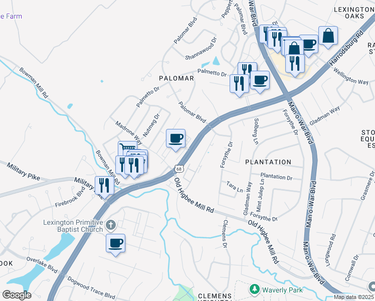 map of restaurants, bars, coffee shops, grocery stores, and more near 4234 Harrodsburg Road in Lexington