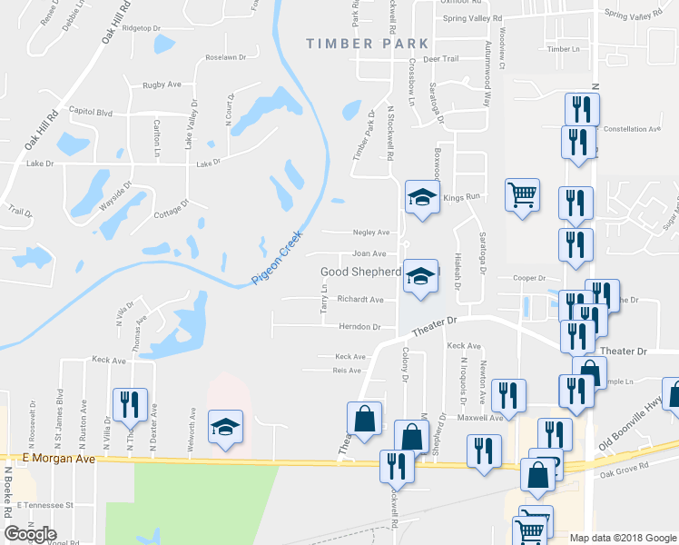 map of restaurants, bars, coffee shops, grocery stores, and more near 2404 Tarry Lane in Evansville