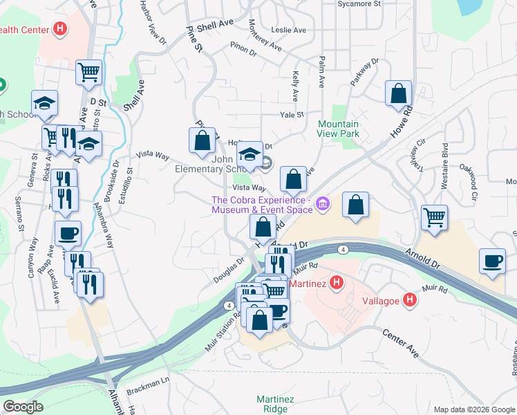 map of restaurants, bars, coffee shops, grocery stores, and more near 334 Via Cordova Lane in Martinez