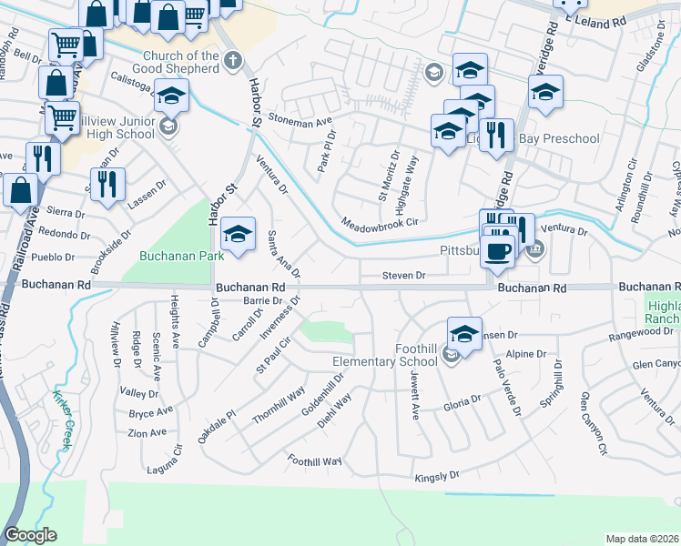 map of restaurants, bars, coffee shops, grocery stores, and more near 4139 Stephanie Way in Pittsburg