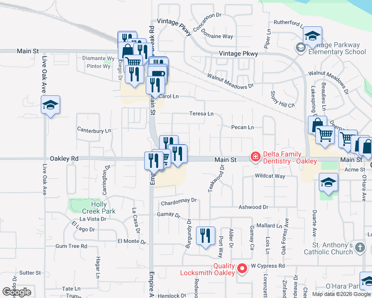 map of restaurants, bars, coffee shops, grocery stores, and more near 5025 Martin Street in Oakley