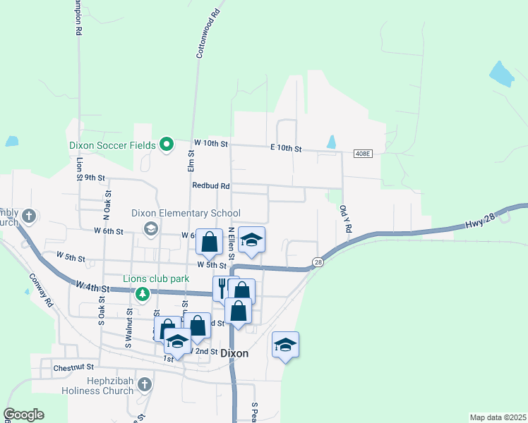 map of restaurants, bars, coffee shops, grocery stores, and more near 302 North Lang Street in Dixon