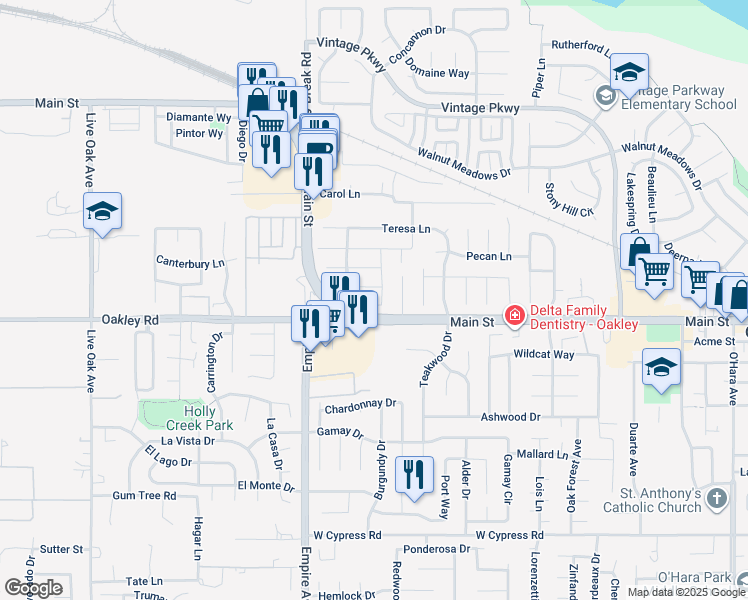 map of restaurants, bars, coffee shops, grocery stores, and more near 5025 Martin Street in Oakley