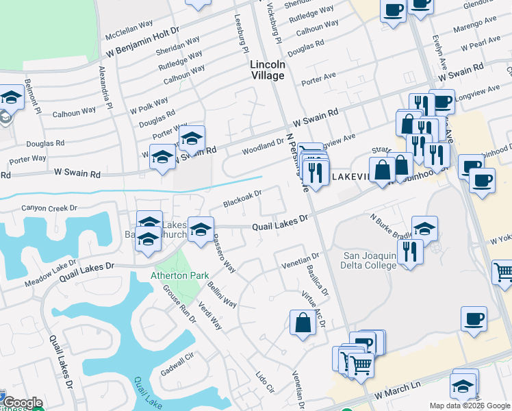 map of restaurants, bars, coffee shops, grocery stores, and more near 1754 Silver Creek Circle in Stockton