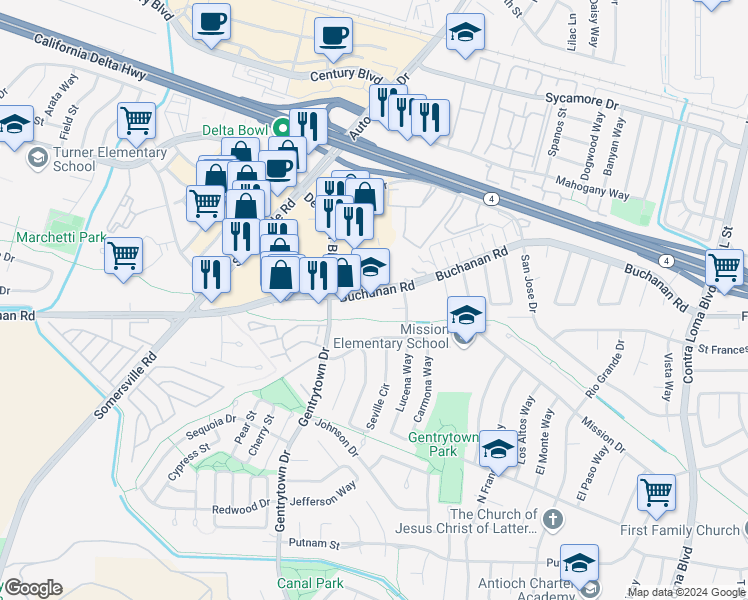 map of restaurants, bars, coffee shops, grocery stores, and more near 2714 Anza Court in Antioch