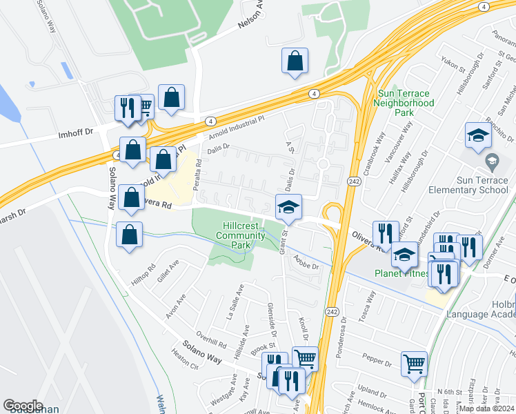 map of restaurants, bars, coffee shops, grocery stores, and more near 2063 Olivera Road in Concord