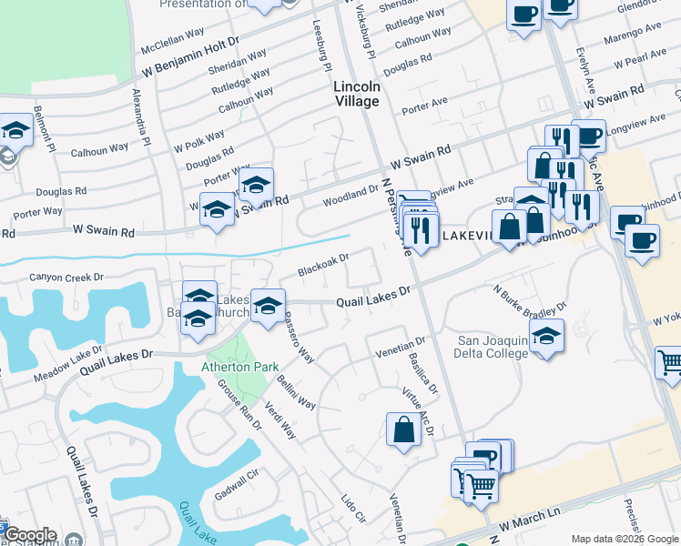 map of restaurants, bars, coffee shops, grocery stores, and more near 1728 Silver Creek Circle in Stockton