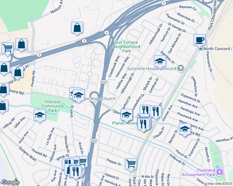 map of restaurants, bars, coffee shops, grocery stores, and more near 3455 Halifax Way in Concord