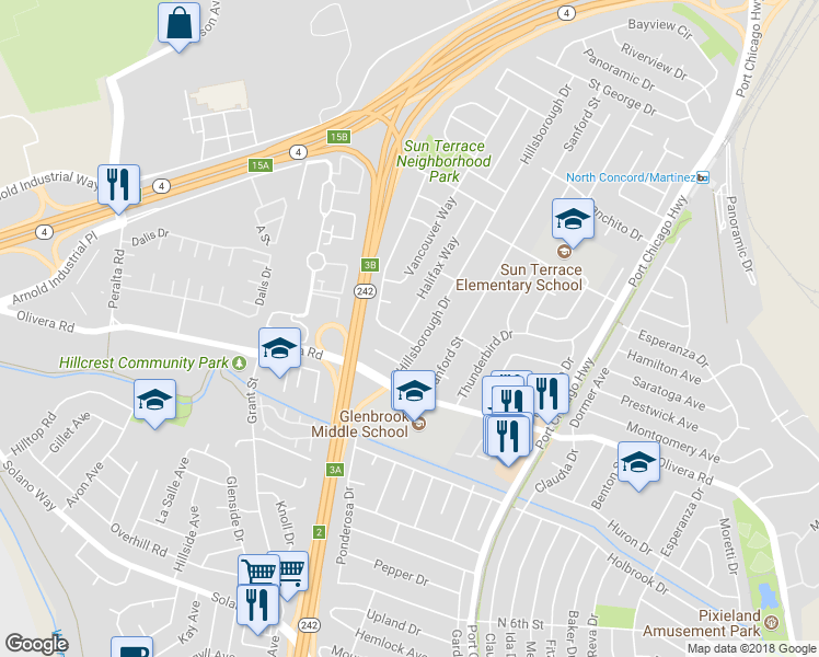 map of restaurants, bars, coffee shops, grocery stores, and more near 3455 Halifax Way in Concord