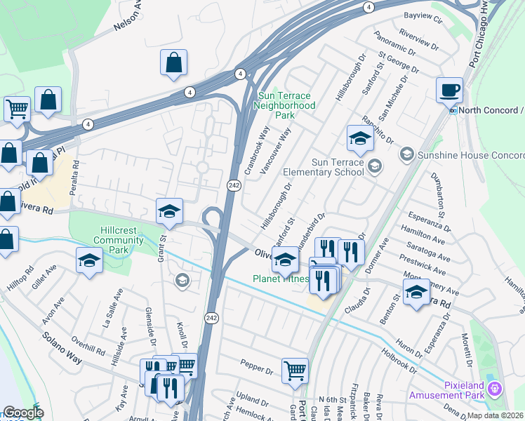 map of restaurants, bars, coffee shops, grocery stores, and more near 3455 Halifax Way in Concord