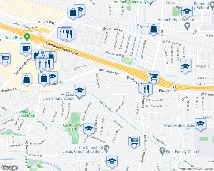 map of restaurants, bars, coffee shops, grocery stores, and more near 2760 Entrada Circle in Antioch