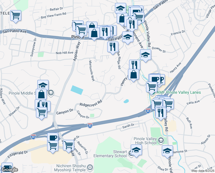 map of restaurants, bars, coffee shops, grocery stores, and more near in Pinole
