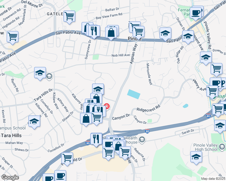 map of restaurants, bars, coffee shops, grocery stores, and more near 1273 Mc Donald Drive in Pinole