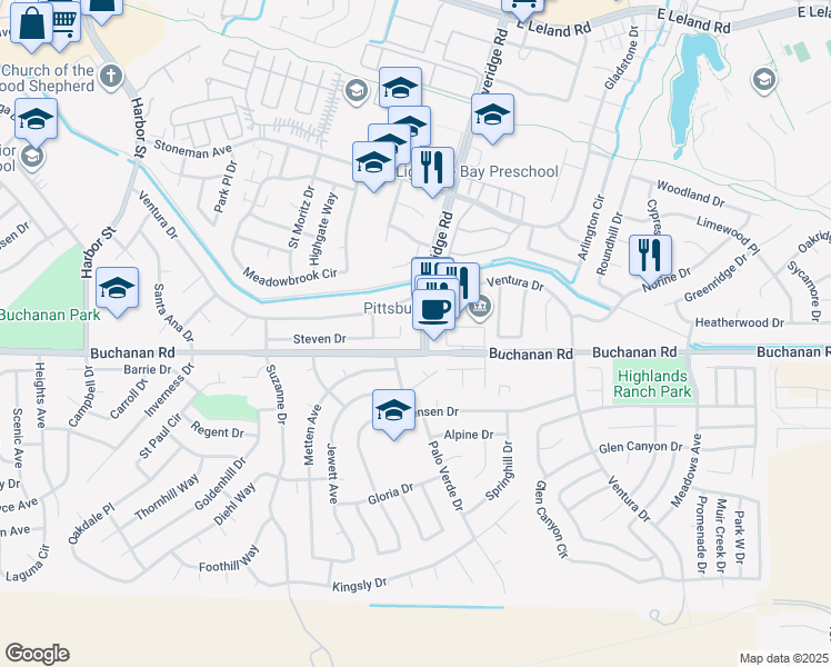 map of restaurants, bars, coffee shops, grocery stores, and more near 1238 Steven Drive in Pittsburg