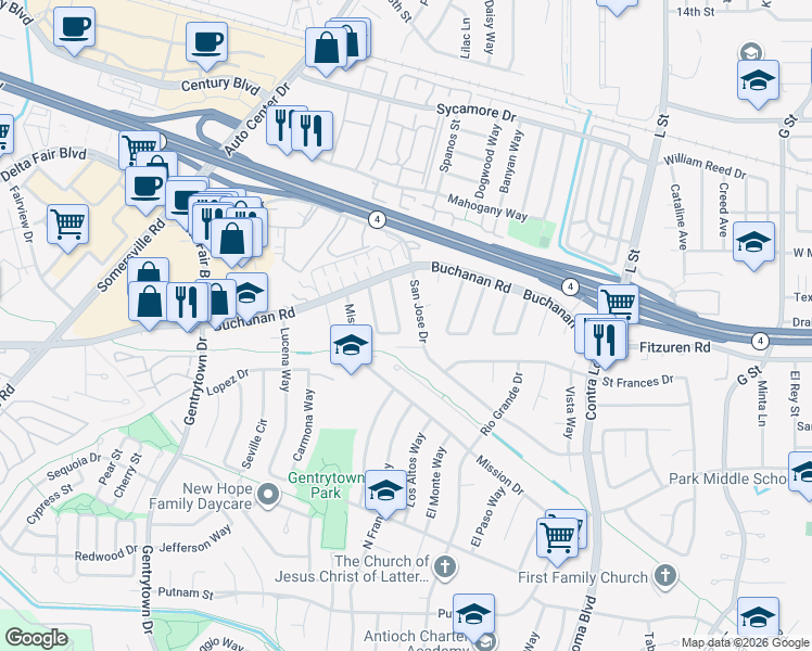map of restaurants, bars, coffee shops, grocery stores, and more near 2737 Barcelona Circle in Antioch