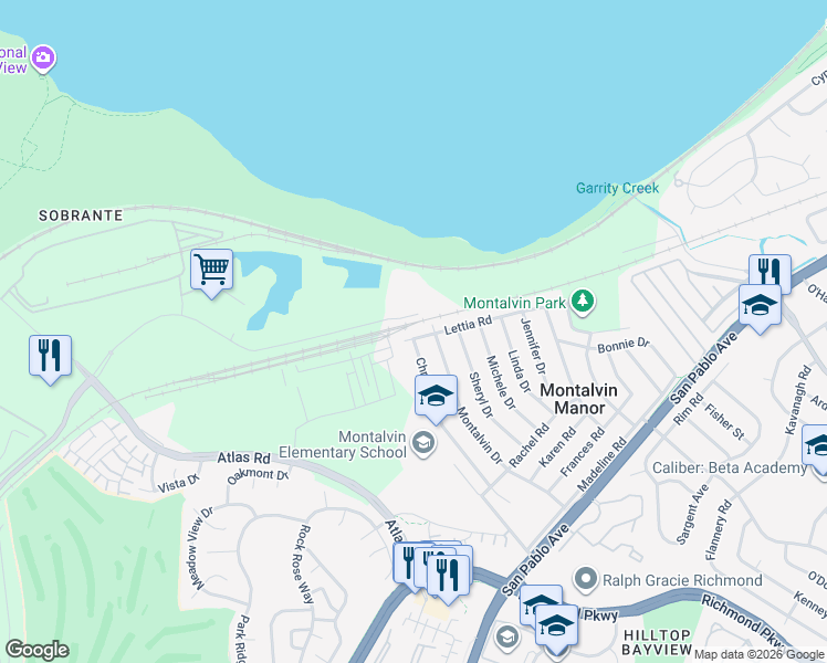 map of restaurants, bars, coffee shops, grocery stores, and more near 492 Christine Drive in San Pablo