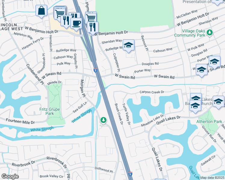 map of restaurants, bars, coffee shops, grocery stores, and more near 5928 Brush Creek Drive in Stockton