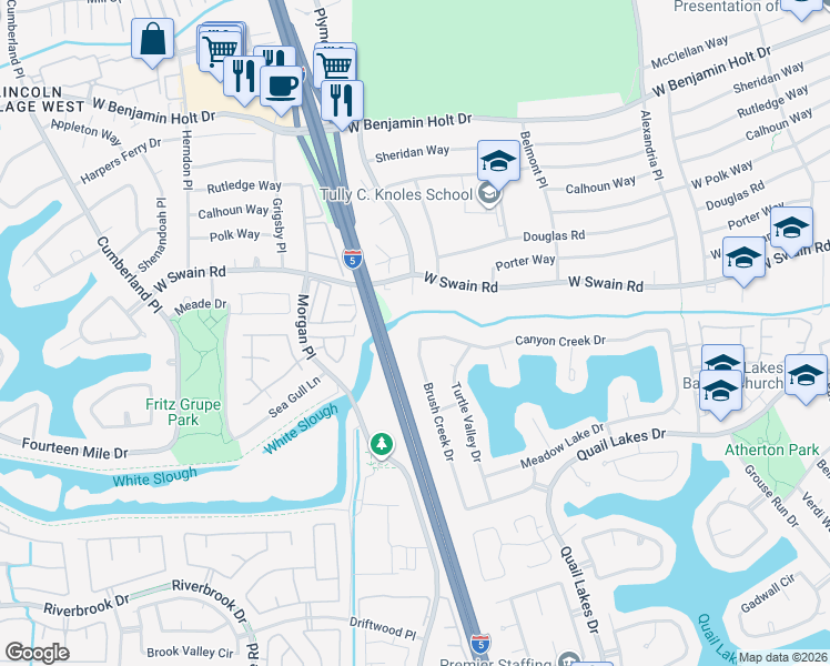map of restaurants, bars, coffee shops, grocery stores, and more near 5928 Brush Creek Drive in Stockton