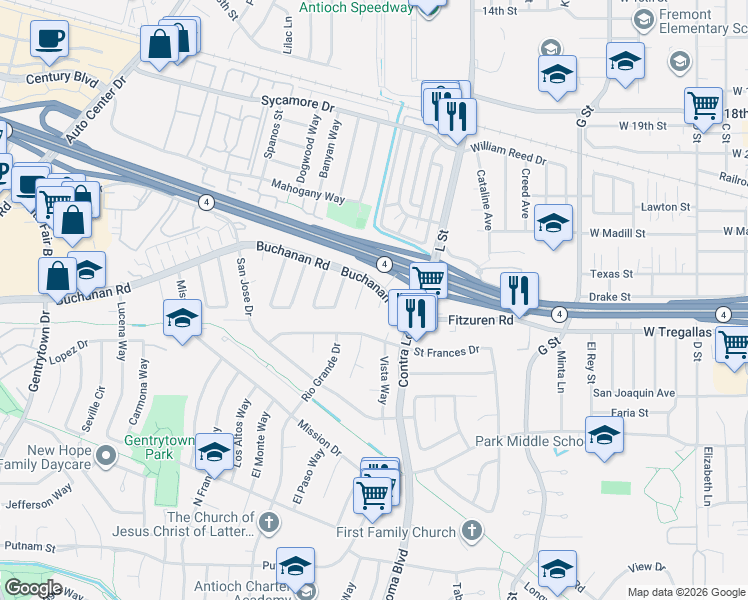 map of restaurants, bars, coffee shops, grocery stores, and more near 2712 Balboa Court in Antioch