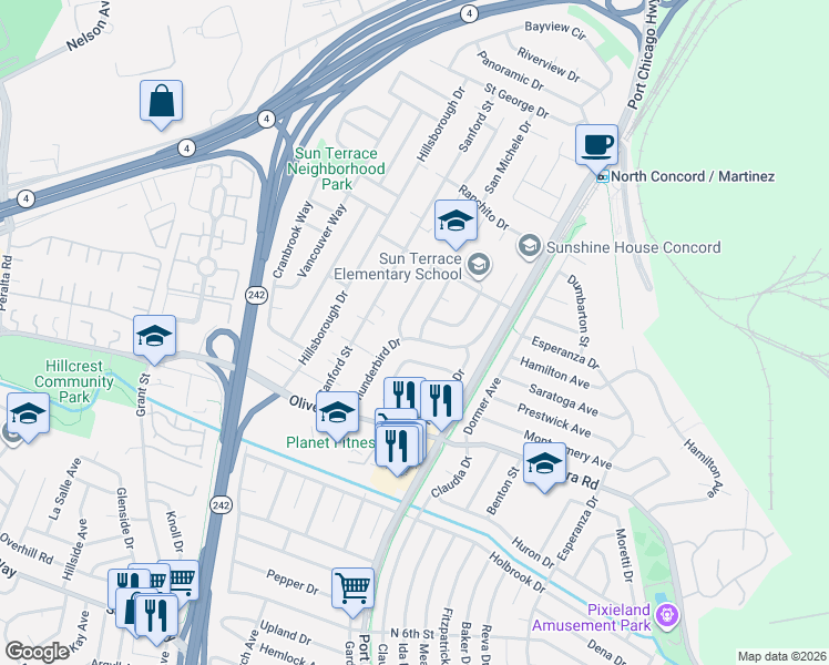 map of restaurants, bars, coffee shops, grocery stores, and more near 3478 Thunderbird Drive in Concord