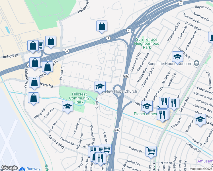 map of restaurants, bars, coffee shops, grocery stores, and more near 2125 Northwood Circle in Concord