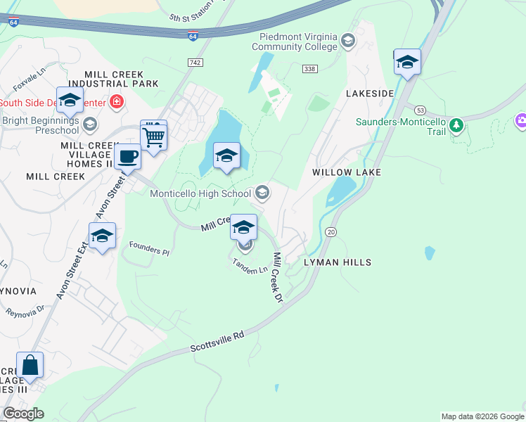 map of restaurants, bars, coffee shops, grocery stores, and more near 1380 Stone Creek Lane in Charlottesville