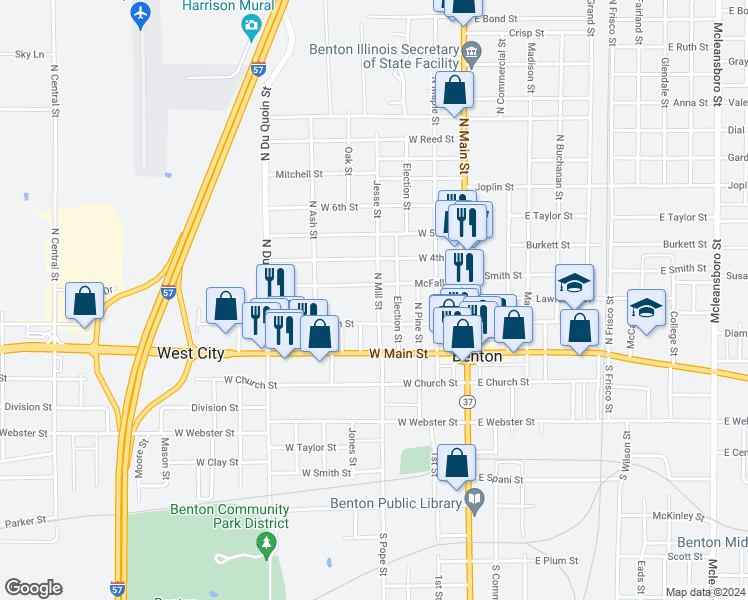map of restaurants, bars, coffee shops, grocery stores, and more near 201-299 North Mill Street in Benton