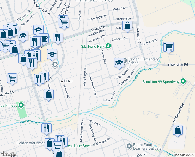 map of restaurants, bars, coffee shops, grocery stores, and more near 2242 Middlebury Way in Stockton