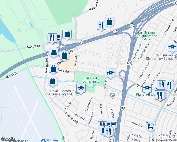 map of restaurants, bars, coffee shops, grocery stores, and more near 2059 Olivera Road in Concord