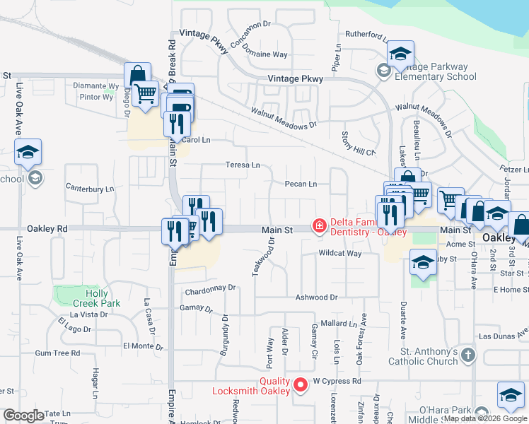 map of restaurants, bars, coffee shops, grocery stores, and more near 5017 Teakwood Drive in Oakley