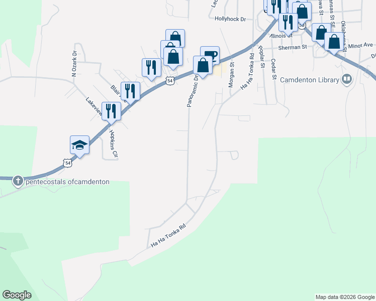 map of restaurants, bars, coffee shops, grocery stores, and more near 1 Vista Place in Camdenton