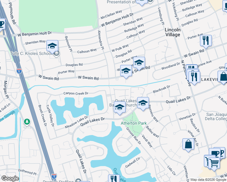 map of restaurants, bars, coffee shops, grocery stores, and more near 5860 Alexandria Place in Stockton