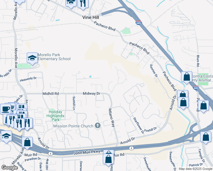 map of restaurants, bars, coffee shops, grocery stores, and more near 2403 Saybrook Place in Martinez