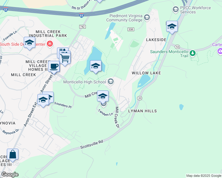 map of restaurants, bars, coffee shops, grocery stores, and more near Independence Way in Charlottesville