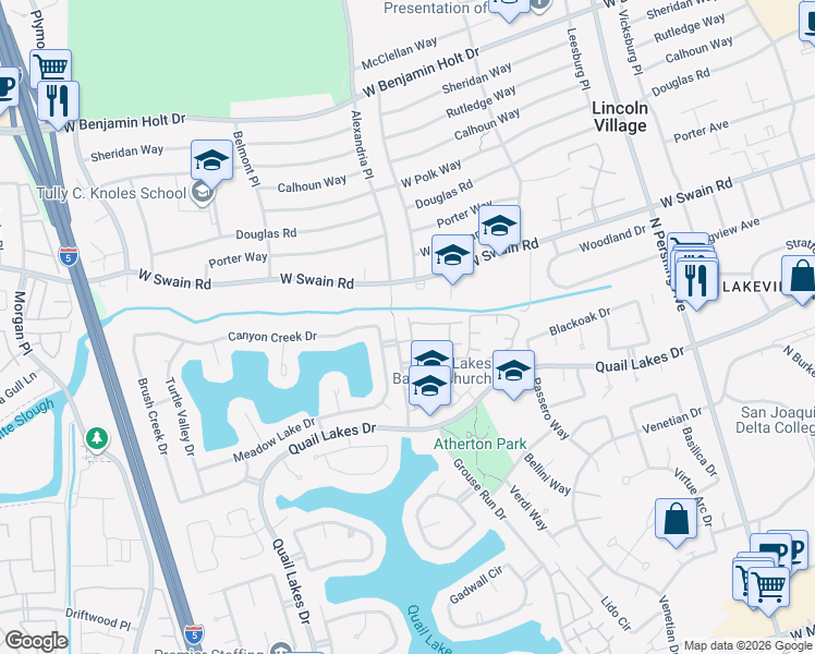 map of restaurants, bars, coffee shops, grocery stores, and more near 5860 Alexandria Place in Stockton