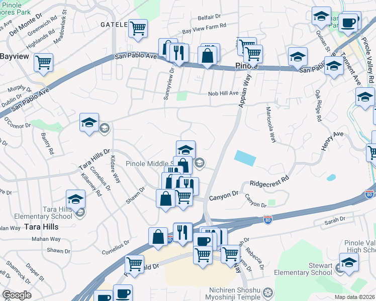 map of restaurants, bars, coffee shops, grocery stores, and more near 1546 Mann Drive in Pinole