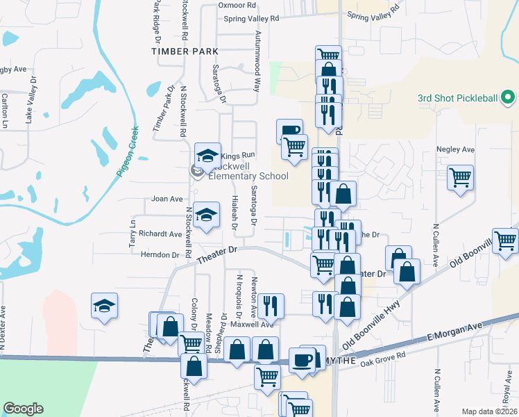 map of restaurants, bars, coffee shops, grocery stores, and more near 2306 Saratoga Drive in Evansville
