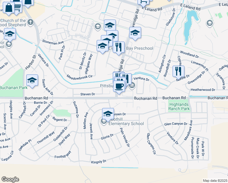 map of restaurants, bars, coffee shops, grocery stores, and more near 4116 Loveridge Road in Pittsburg