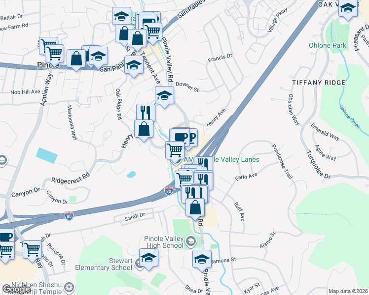 map of restaurants, bars, coffee shops, grocery stores, and more near 1340 Pinole Valley Road in Pinole
